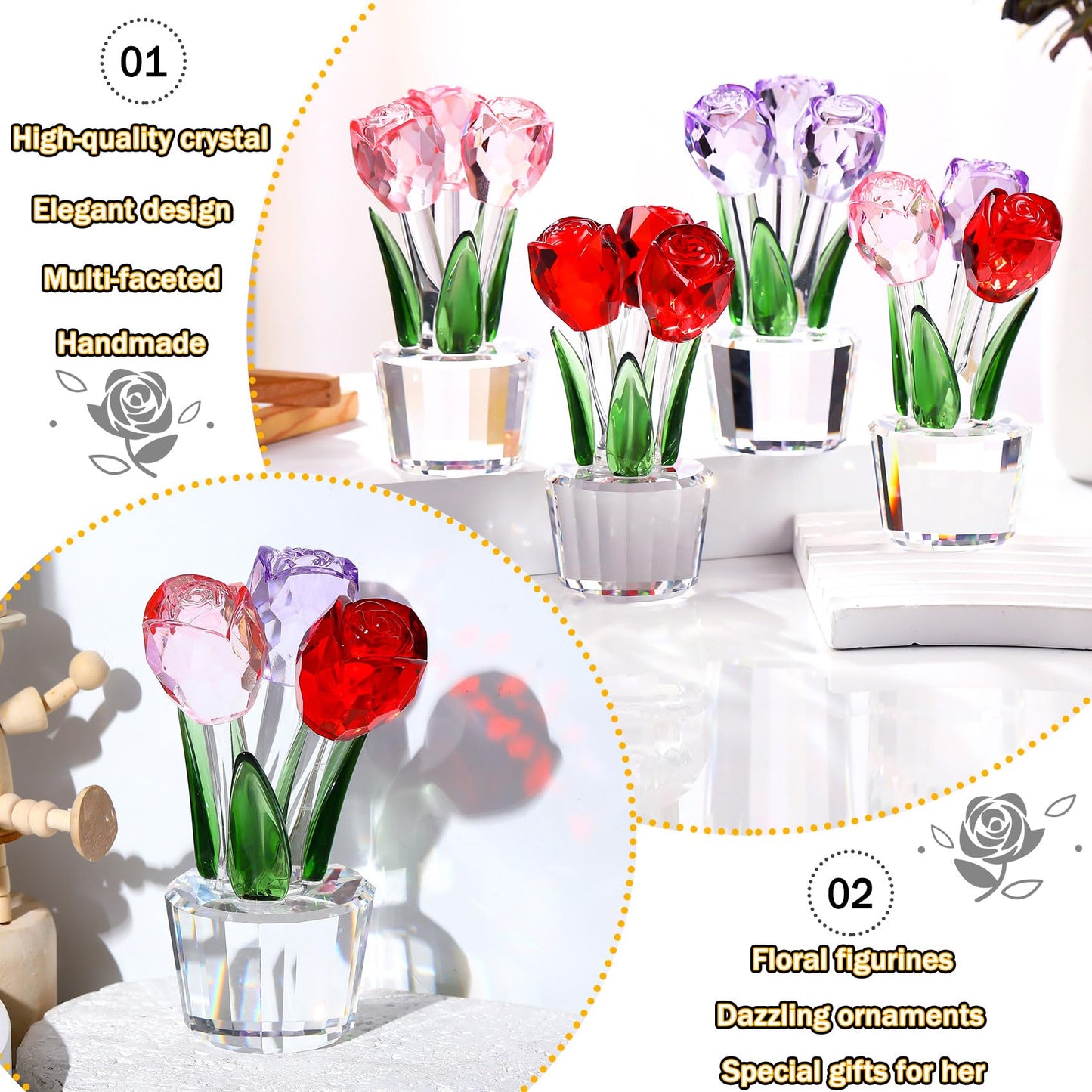 Ornalrist Elegant Crystal Colourful Rose Bouquet Gift for Women Mom Glass Flower Figurine Collectible Floral Decor for Valentine's Day Anniversary Mother's Day Birthday