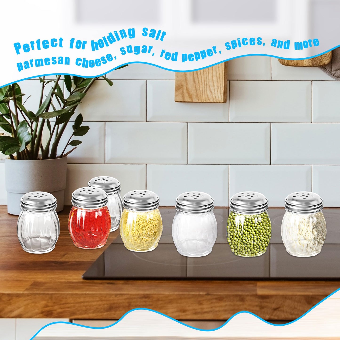 24 Pack 6 Ounces Glass Spices Shaker with Perforated Stainless Steel Lid Clear Cheese Salt and Pepper Shakers for Home Kitchen Restaurant Supplies