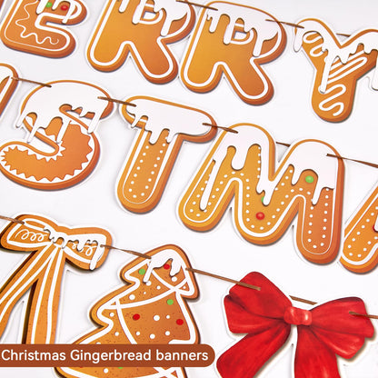 OBBOLO Merry Christmas Banners Gingerbread Theme, Pre-Strung Xmas Party Decorations, with 20 Pcs Gingerbread Men Hanging Swirls for Office Celebrations, School Events, Home Holiday Indoor Decor