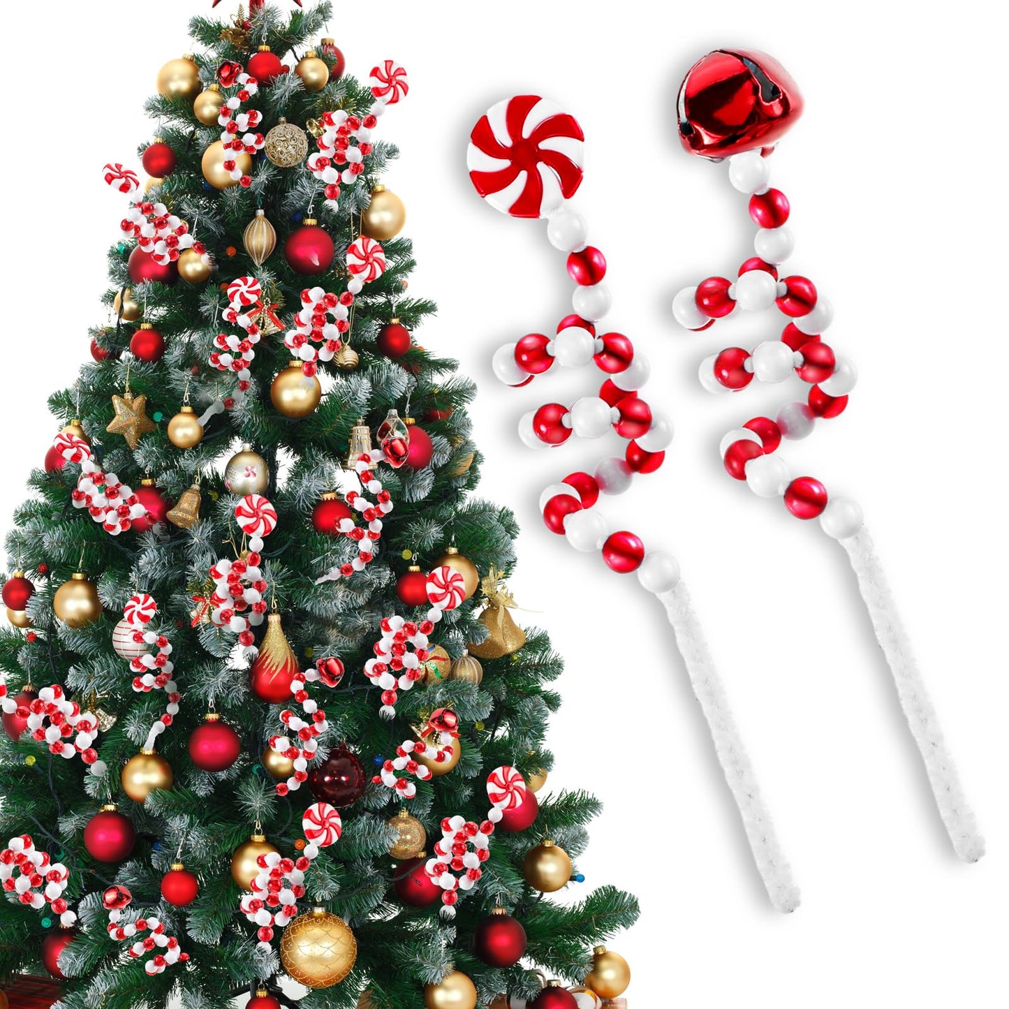 Bencailor 30 Pcs Christmas Tree Picks Red and White Christmas Ornaments Candy Cane Xmas Decorations Lollipop Tree Topper Xmas Bells Curly Pick for Vase Filler Wreath DIY Craft Party Favor Decor