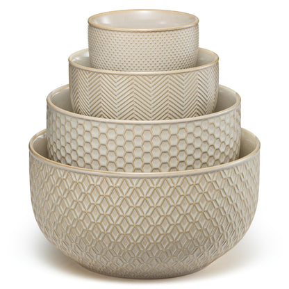 KooK Ceramic Mixing Bowls, Nesting Set of 4, Embossed Kitchen Dishware, Prep, Serving, Gift, Microwave and Dishwasher Safe, 20/44/98/145 oz, Narbonne Collection (Almond)