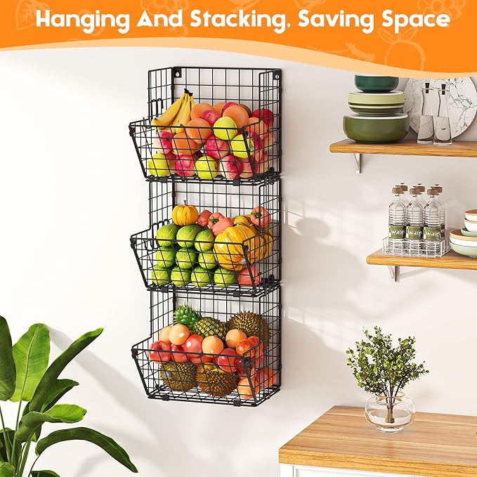 X-cosrack Metal Wire Basket Wall Mount, 3 Tier Wall Storage Organizer