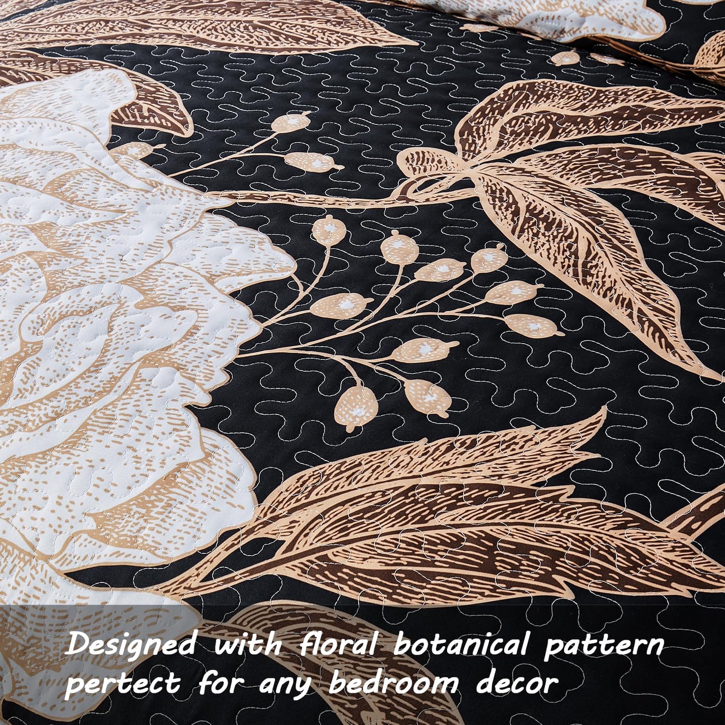 Yogeneg King Size Quilt Set,White Gold Floral Botanical Pattern Black Bedding Set,3 Piece Lightweight Soft Summer Bedspread Coverlet with 2 PIillow Sham for All Season(Black Floral,110"x96")