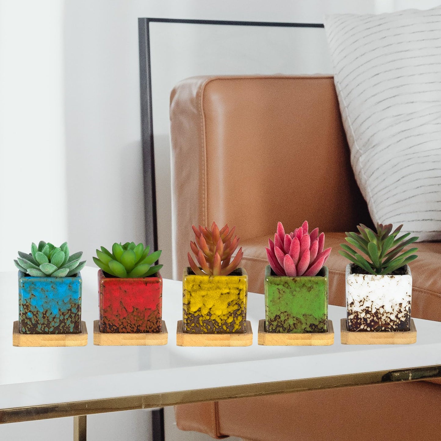 Set of 10 Succulent Pots with Drainage Trays, 2.1 Inch Ceramic Pots for Indoor Flower Plants, Small Square Cactus Planter Pots Bulk for Garden Home Desk Windowsill Decor