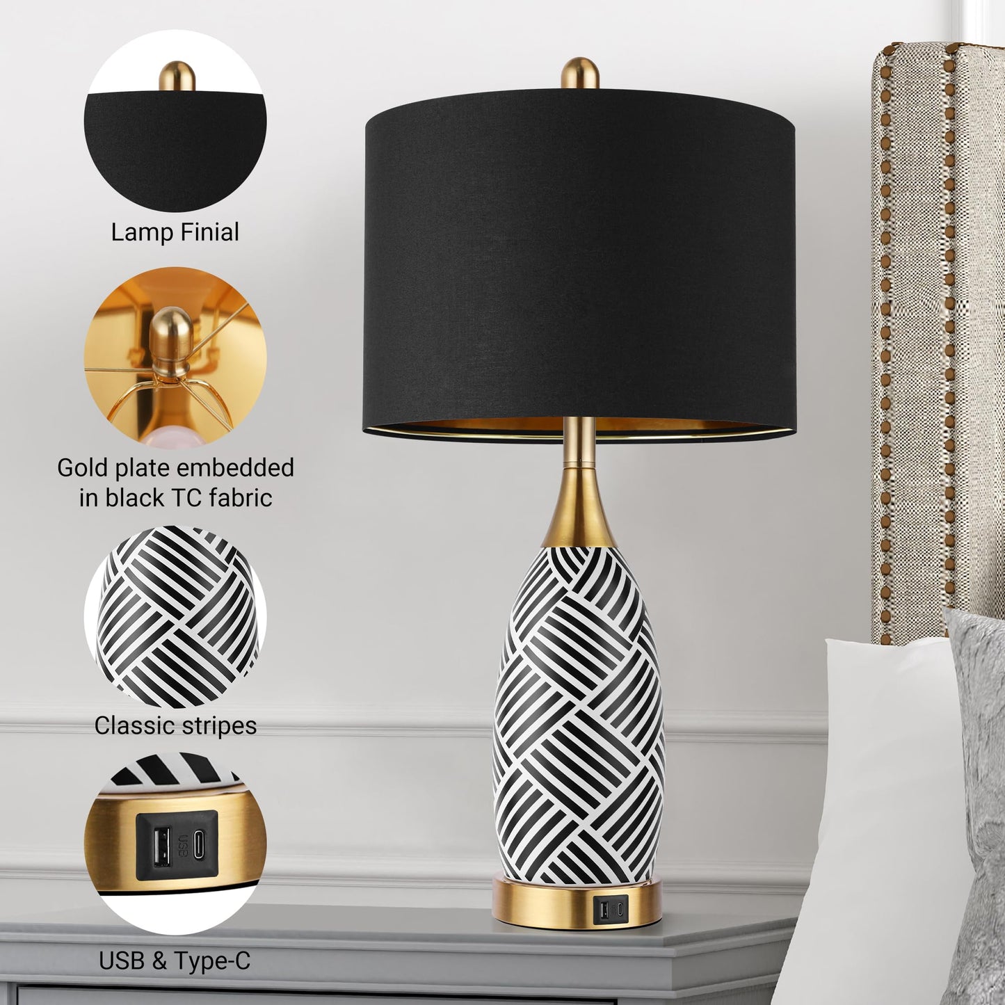 25.5" Touch Control Black and Gold Lamp,3-Way Dimmable Modern Ceramic Table Lamps with USB & Type-C Ports,Classic Black/White Striped Bedside Lamps for Bedroom Living Room Office(Bulbs Included)