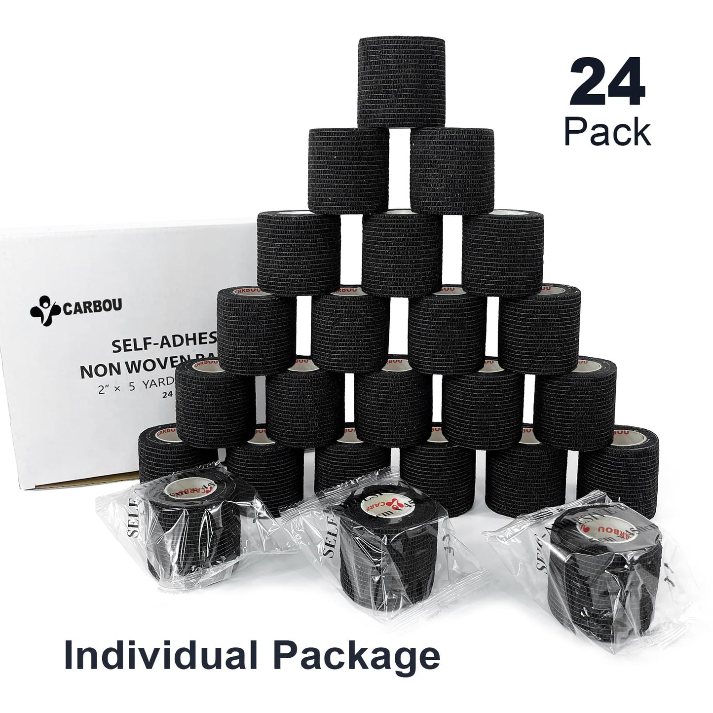 [24Pack 2" x5 Yards] Carbou-Self Adhesive Bandages Sports Wrap, Athletic Elastic Cohesive Bandage for Sports, Injuries, Treatments, and Recovery, First Aid Tape Vet Wrap for Cat, Dog Black