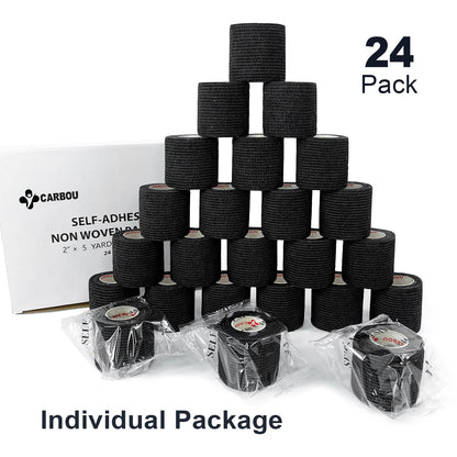 [24Pack 2" x5 Yards] Carbou-Self Adhesive Bandages Sports Wrap, Athletic Elastic Cohesive Bandage for Sports, Injuries, Treatments, and Recovery, First Aid Tape Vet Wrap for Cat, Dog Black