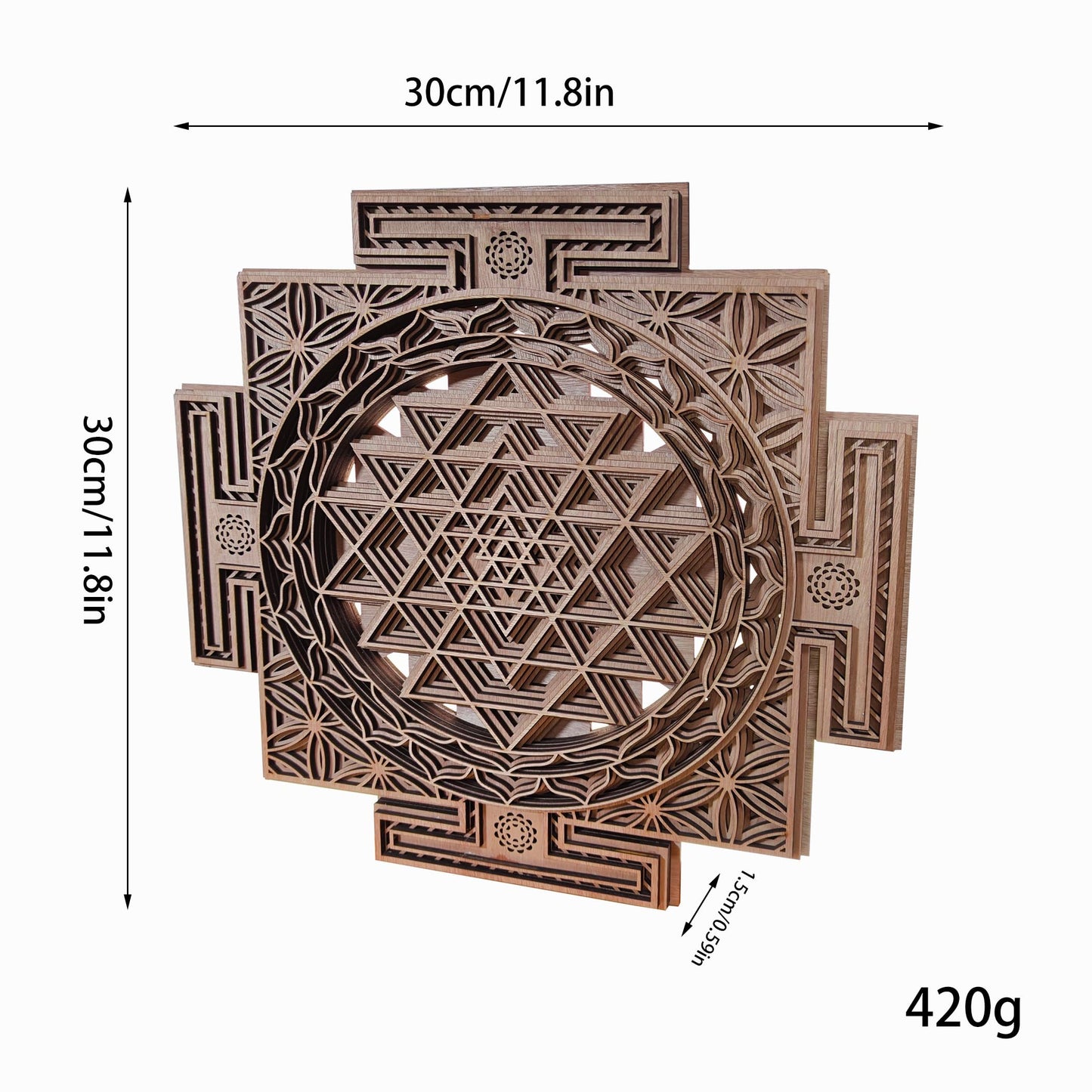 YIVFOX Handcrafted Sri Yantra Wall Art - Sacred Geometry Wood Carving for Spiritual Décor, Chakra Balancing and Meditation Space (11.8inch)