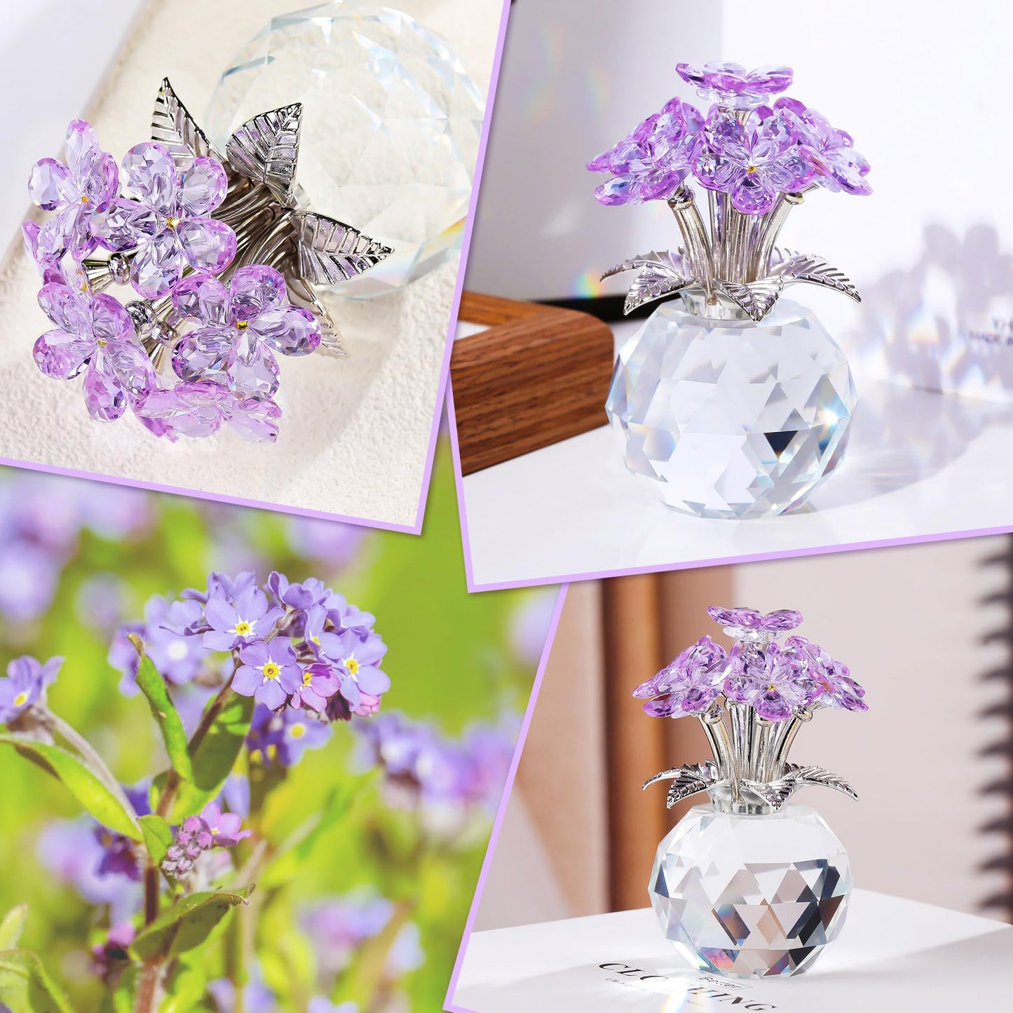 YWHL Purple Crystal Forget Me Not Flower Gifts for Women, Crystal Glass Figurines Home Decor, Handmade Collectible Figurine Ornaments for Tabletop Centerpieces
