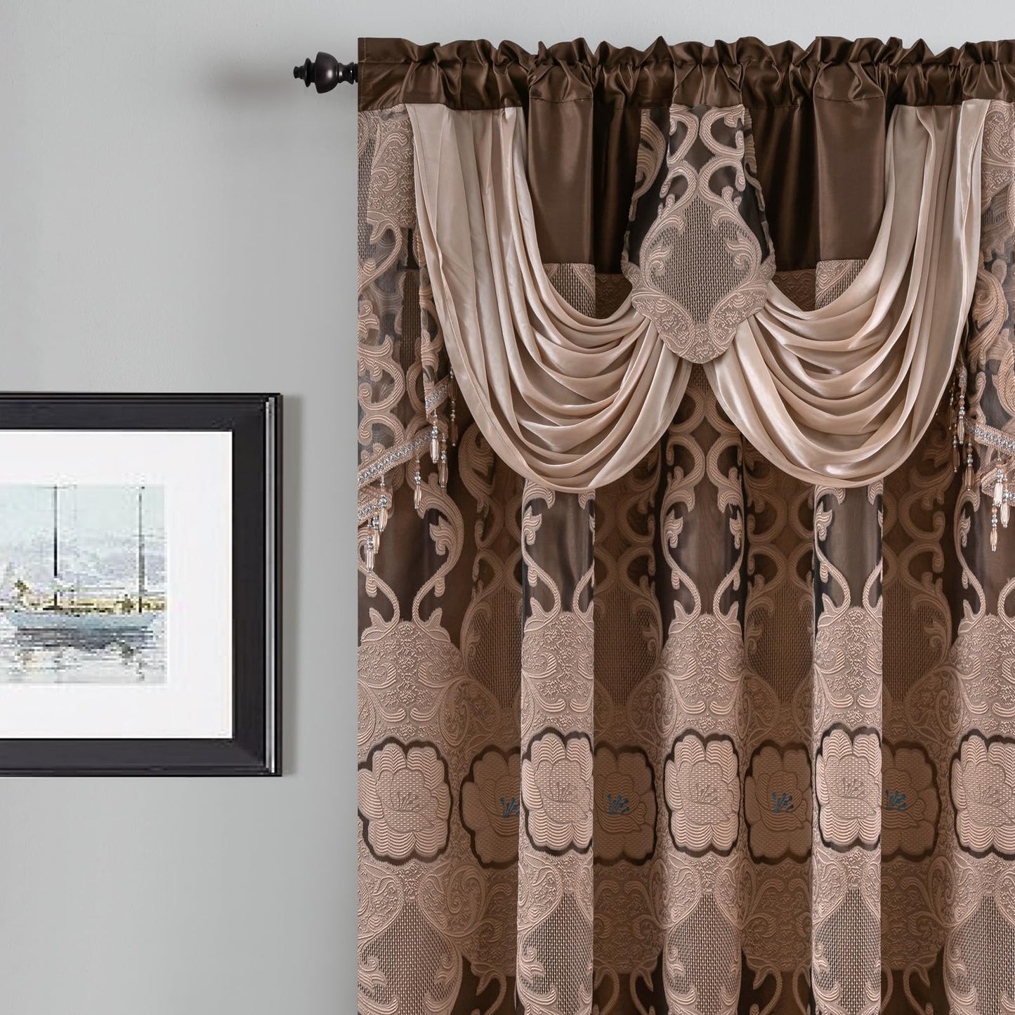Petrichor Taupe Sheer Jacquard Voile Curtains （54" W x 84" L）, 2 Panels with Attached Valance, Double Layer Floral Cutwork Design with Luxurious Texture,Rod Pocket, for Bedroom & Living Room