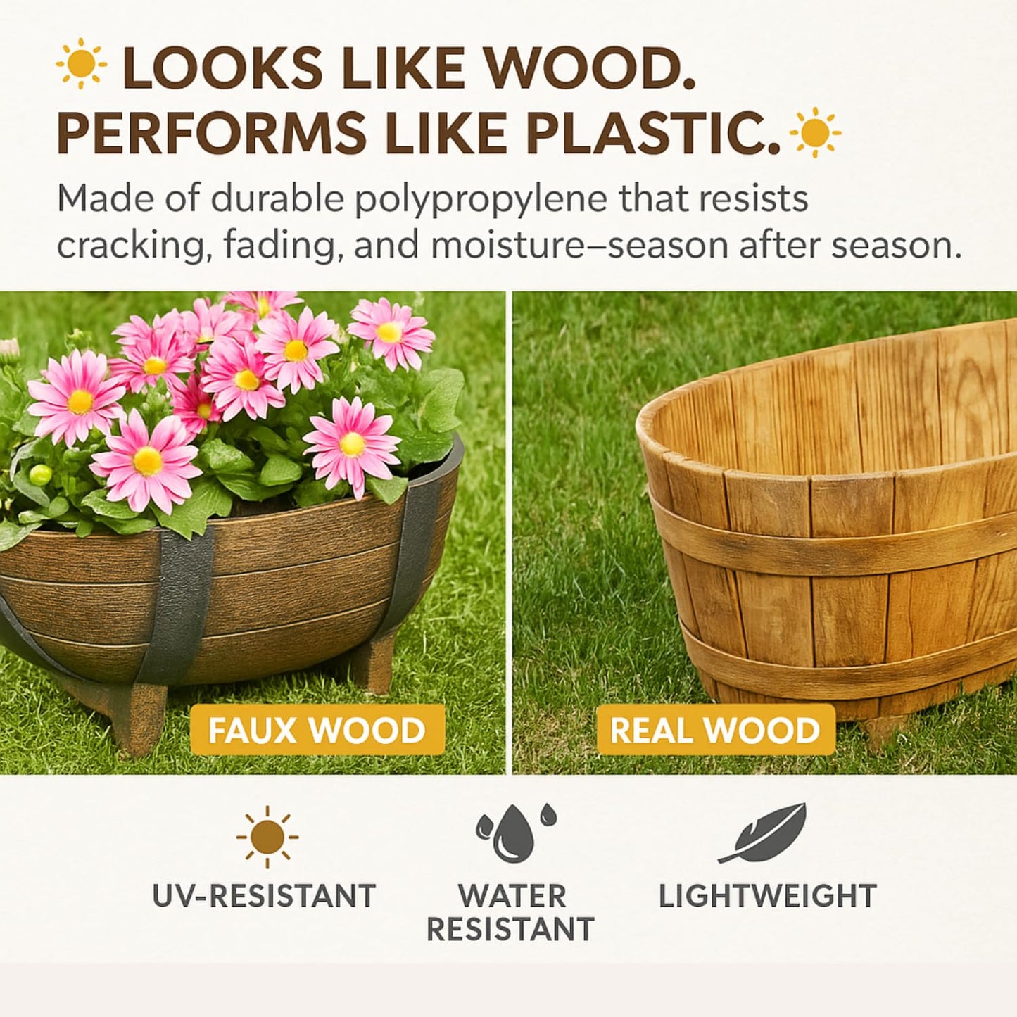 Rustic Half Barrel Planters – Set of 2, Faux Wood Outdoor Flower Pots with Drainage Hole & Feet, Weather-Resistant Polypropylene Garden Containers, 16.25" x 7.5" x 11.75"