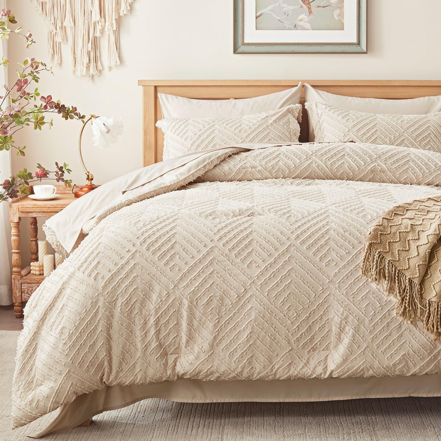 Zzlpp Queen Comforter Set 7 Pieces, Beige Bed in a Bag Queen Size, Tufted Boho Bedding Set with 1 Comforter, 2 Pillow Shams, 2 Pillowcases, 1 Flat Sheet, 1 Fitted Sheet