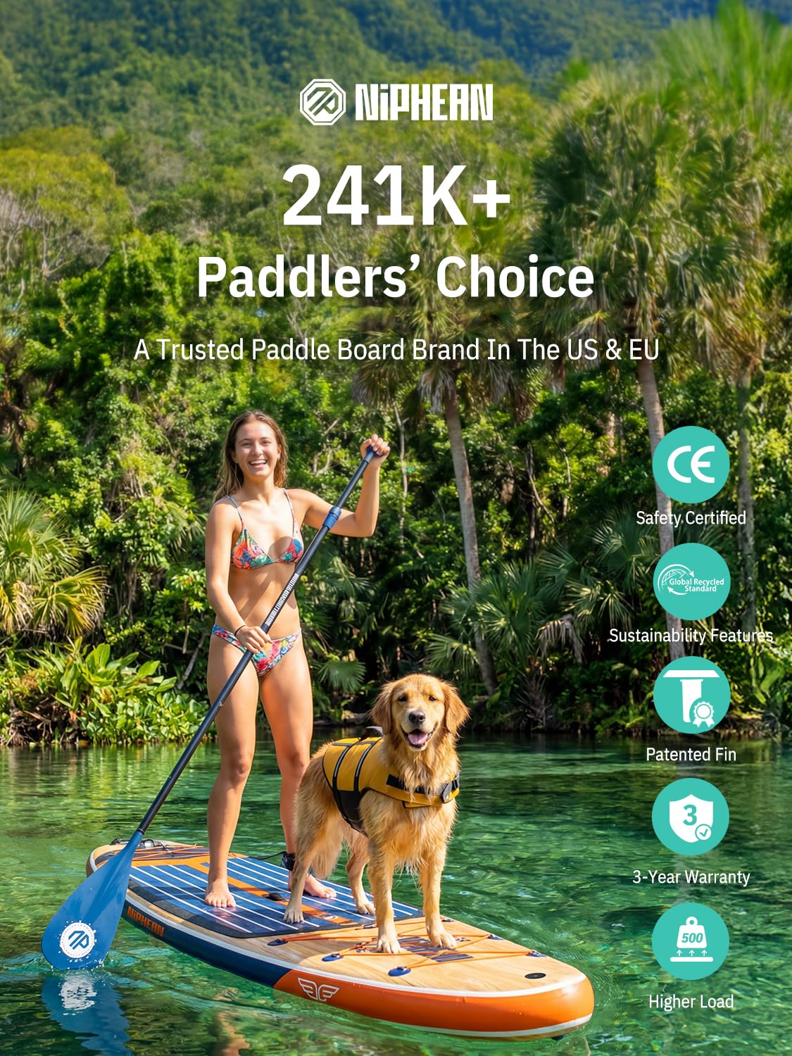 Niphean (Extra Large) Inflatable Paddle Board, SUP for 2+1 People/Family 500lbs Capacity Stand Up Paddle Board with SUP Accessories, StabilTrac Fin Non-Slip Paddleboard for Adults-Grain Flow