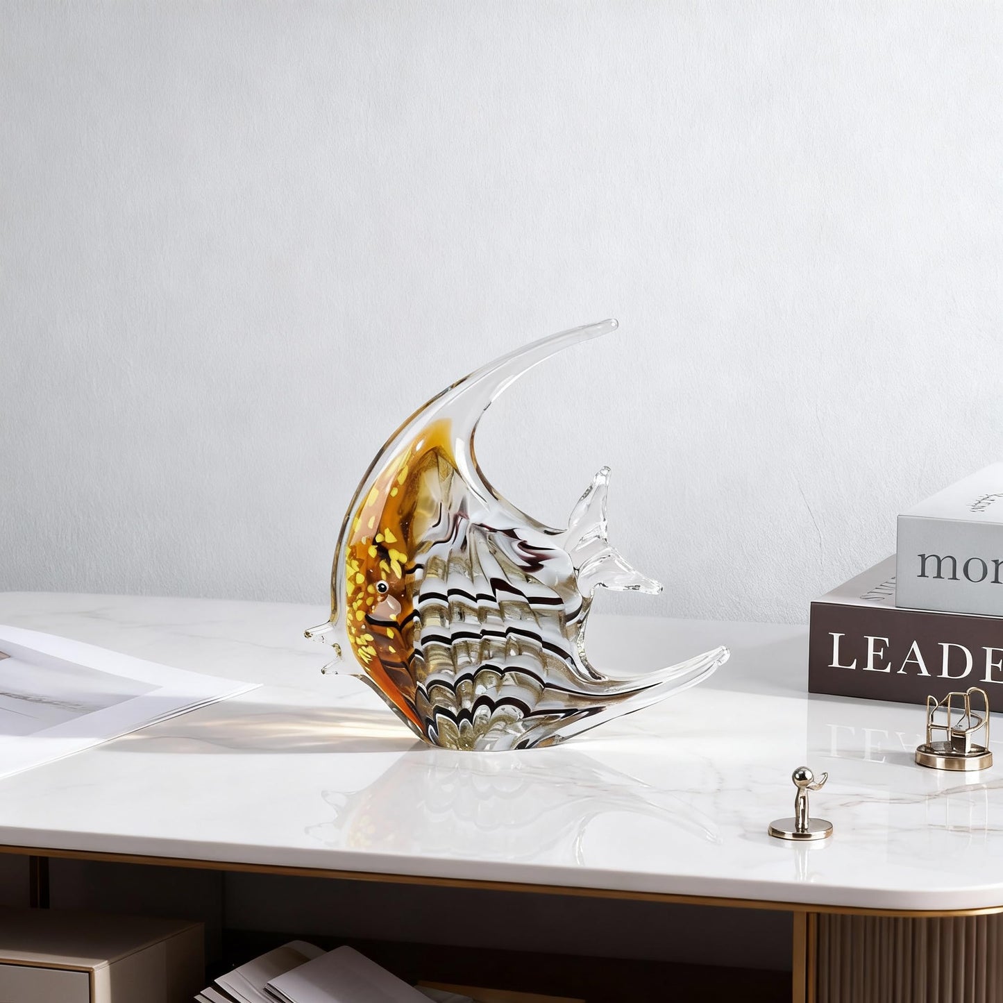 DOVDOV Hand-Blown Glass Fish Decorative Sculpture, Amber Ocean Glass Art Decor, Coastal-Themed Ornament, Suitable for bedrooms, Offices, Coffee Tables, and TV Consoles, Marine Animal Sculpture Art.