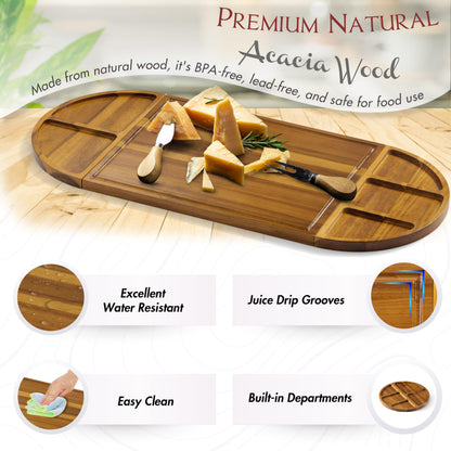 NAGAWOOD Extra Large Charcuterie Boards, 30'' x 13'' Acacia Cheese Board 3 Part Magnetic Long & Round Boards with Knive Set, Wine Opener & Cheese Marker, Unique Serving Tray for Birthday, Wedding Gift
