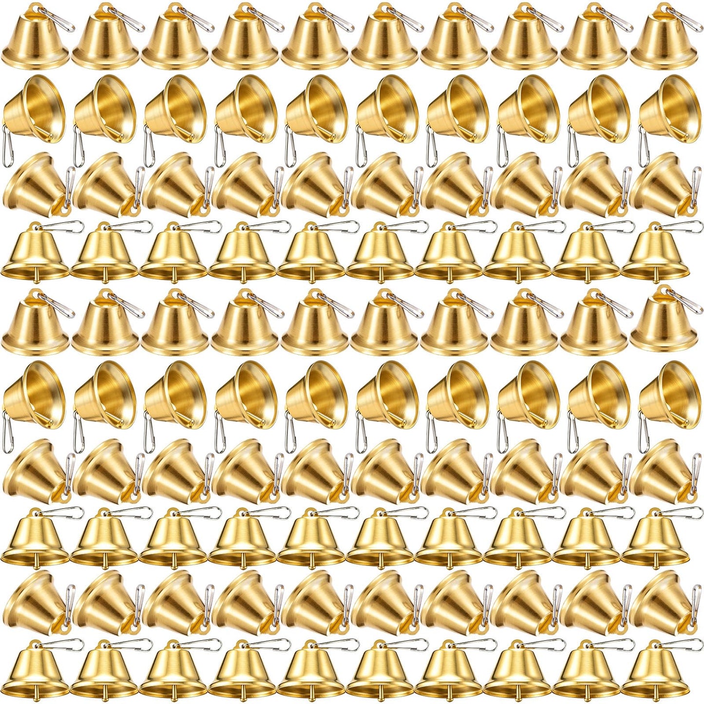 Shimeyao 100 Pieces Gold Bells 1.5 x 1.57 Inch Ornament Small Bells with Spring Hooks for Craft Wind Chimes Dog Potty Training Doorbell Wedding Decor Craft Making Hanging Favor
