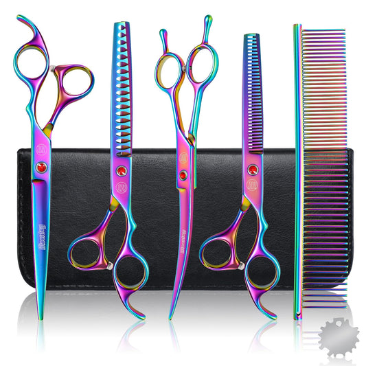 Moontay Dog Grooming Scissors Set Professional, 7 Inch Pet Grooming Scissors, 8 in 1 Straight, Curved, Thinning, Fishbone Scissors with Comb, Tension Adjuster, Cleaning Cloth and Storage Case, Colorfu