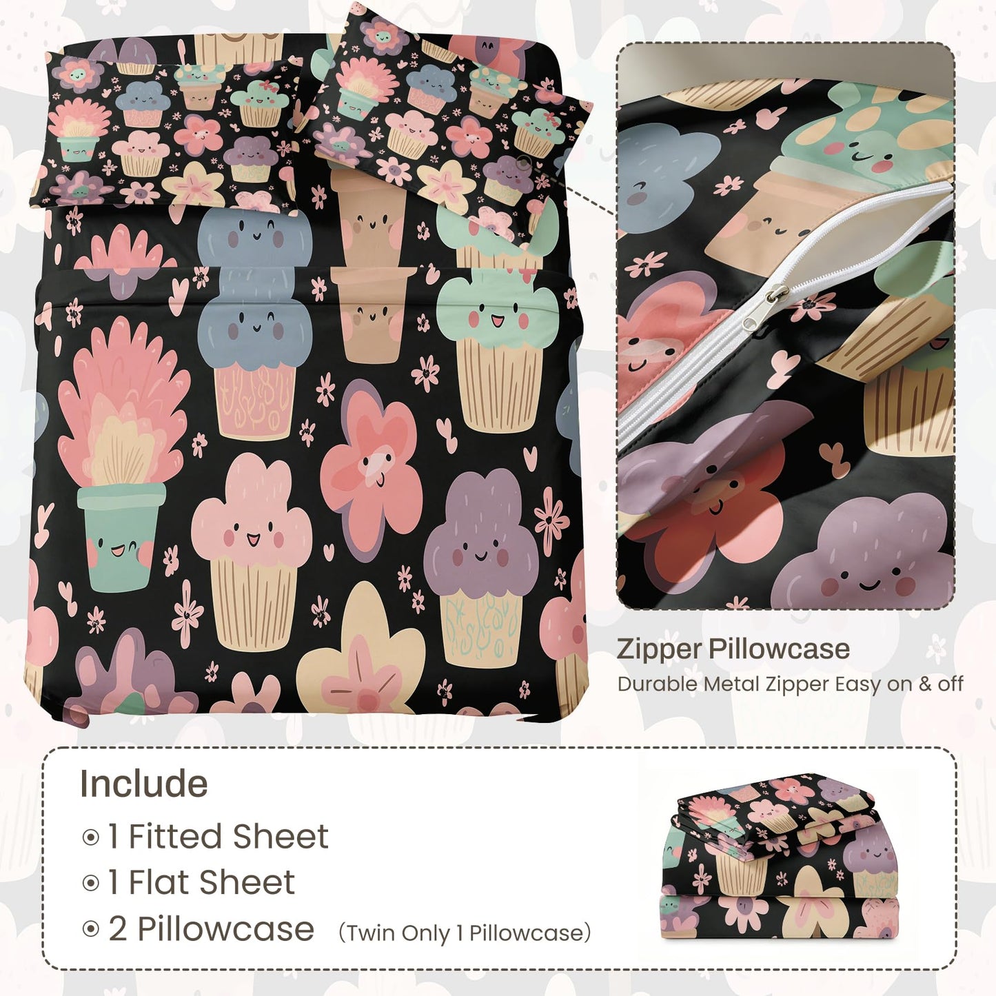 Girls Flower Bedding Set 4 Pcs Kawaii Food Full Sheets