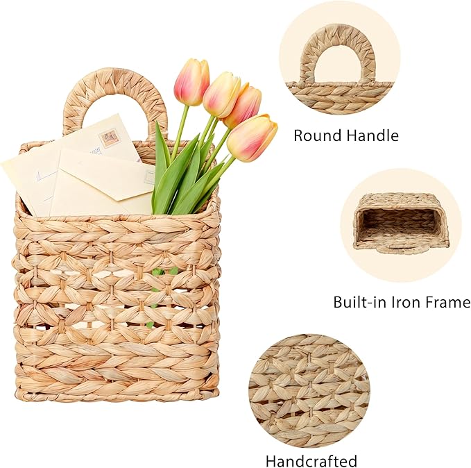 Wicker hanging basket, Water Hyacinth Wall Basket, Rustic Handwoven Hanging