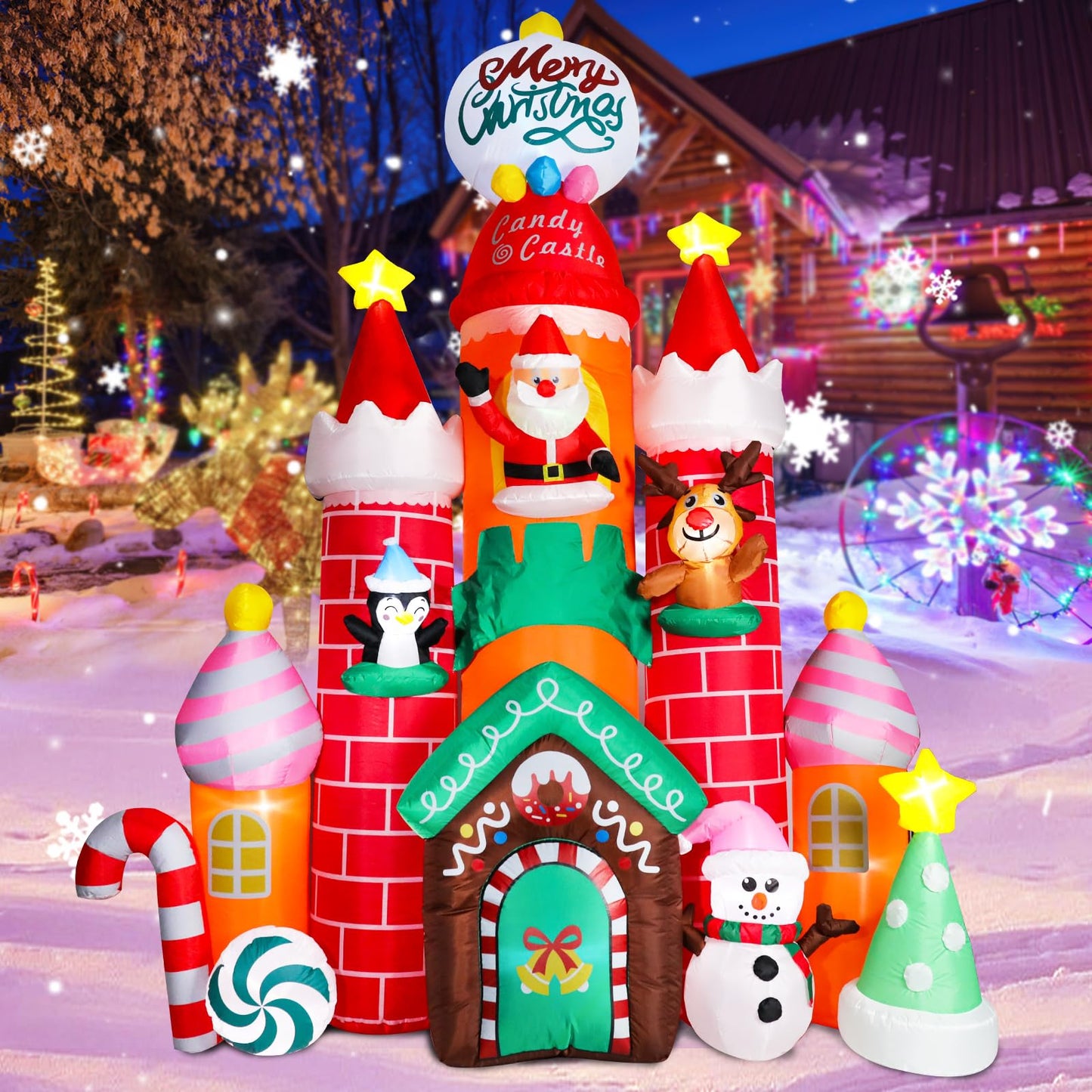 Christmas Inflatables Outdoor Decoration Castle - 10FT Inflatable Christmas Castle with Snowman Penguin Reindeer Giant Outdoor Indoor Blow Up Airblown LED Light Yard Lawn Garden Home