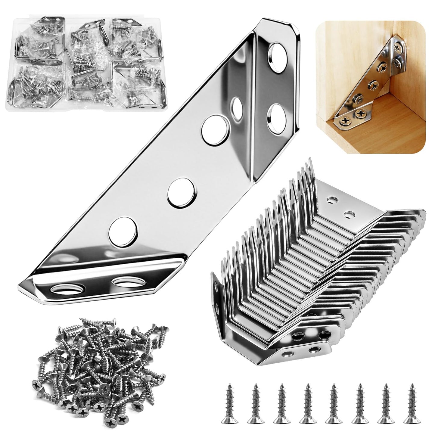 24-Pack Premium Stainless Steel Corner Brackets for Wood, Heavy Duty Furniture Corner Connectors Braces for Cabinets, Tables, Chairs, Drawers Universal Metal Triangle Brackets with 144 Screws
