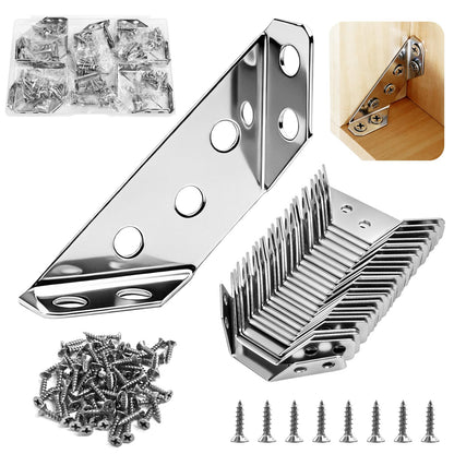 24-Pack Premium Stainless Steel Corner Brackets for Wood, Heavy Duty Furniture Corner Connectors Braces for Cabinets, Tables, Chairs, Drawers Universal Metal Triangle Brackets with 144 Screws