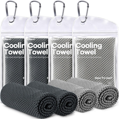 ROXUN 4 Pack Cooling Towels, 40''x12'' Soft Breathable Chilly Neck Ice Towel for Workout Running Golf 2 Gray+2 Dark Gray