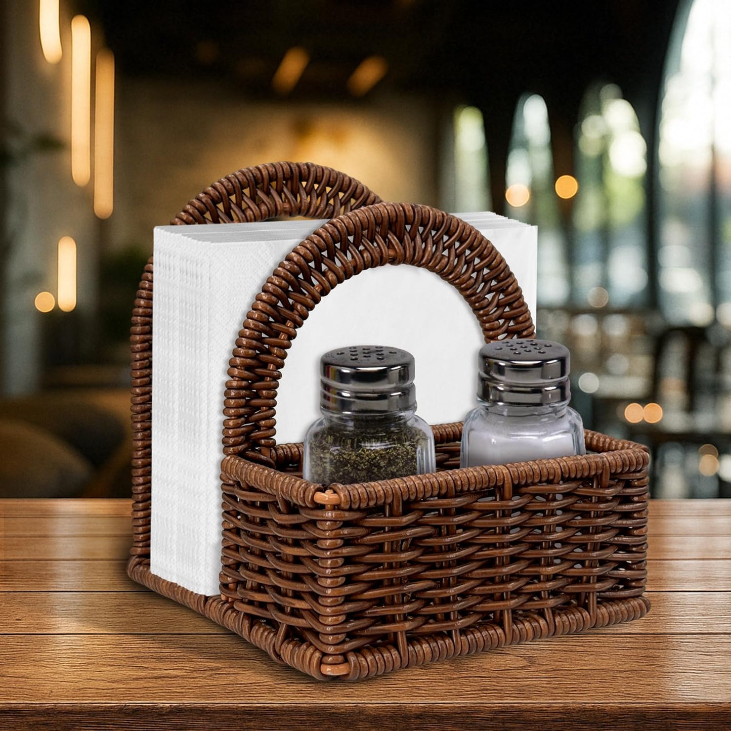 Plastic Rattan Napkin Holder with Salt and Pepper Shakers Holder for Table, Kitchen countertop Organizer - Multi-Functional Storage(Without Salt, Pepper Shakers & Napkins)