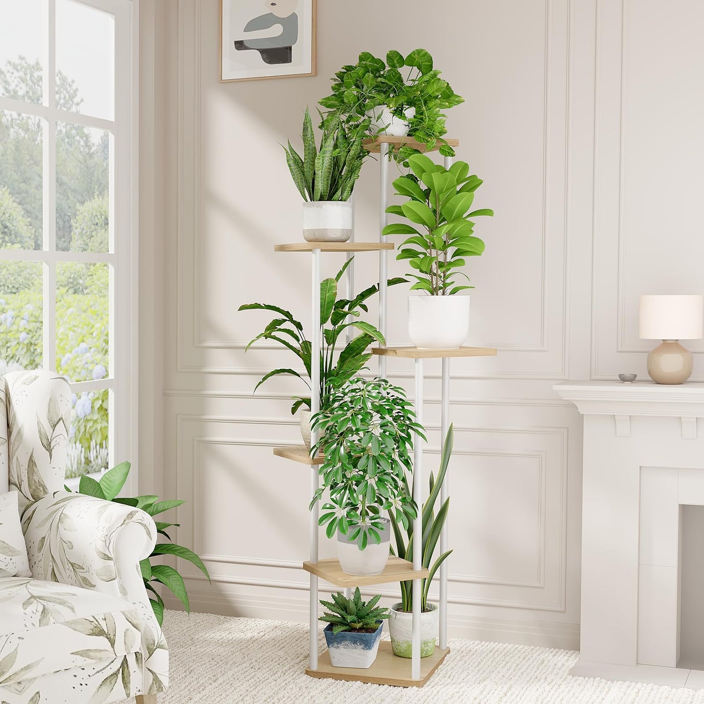 Bamworld White Plant Stand Indoor 6 Tier Metal Plant Shelf for Multiple Plants Tall Flower Stand for Patio Garden Balcony Living Room Bedroom