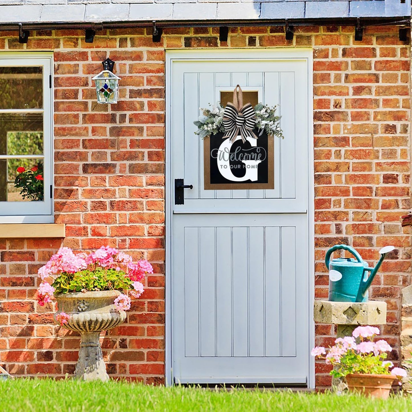 Last Name All Year Round Front Door Wreath with 26 Initial Letter Welcome Sign All Seasons Eucalyptus Garland and Bow ，Farmhouse, Porch, for Spring Summer Fall All Seasons Holiday Halloween Christmas.（G）