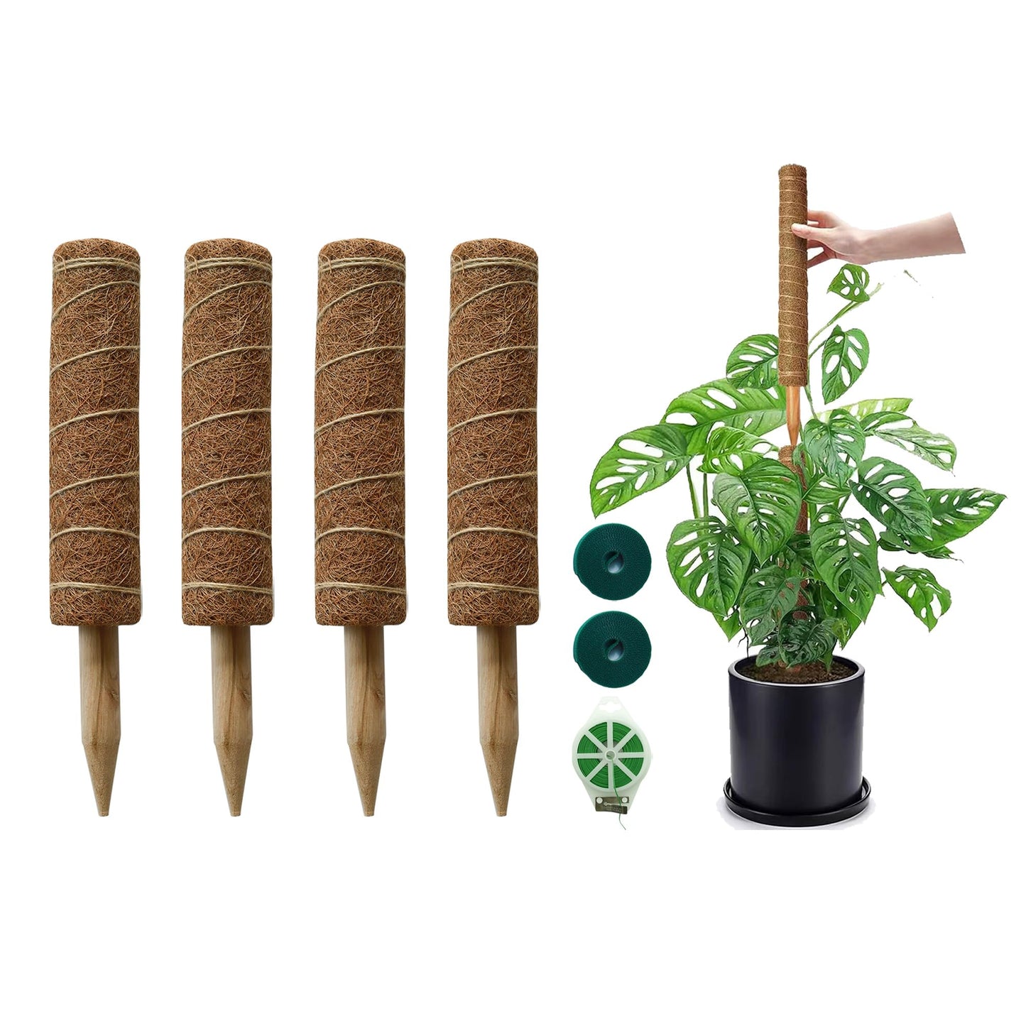 Moss Pole for Plants 4 Pack Natural Coco Coir Climbing Support Stakes with Plant Ties Indoor Monstera Plant Training Extension Poles 7.9inch Each Total 31.6 inch