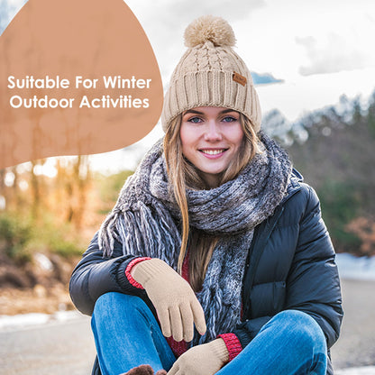 Women Winter Knit Warm Hat Beanie Gloves Set Pom Fleece Lined Hat with Touchscreen Gloves