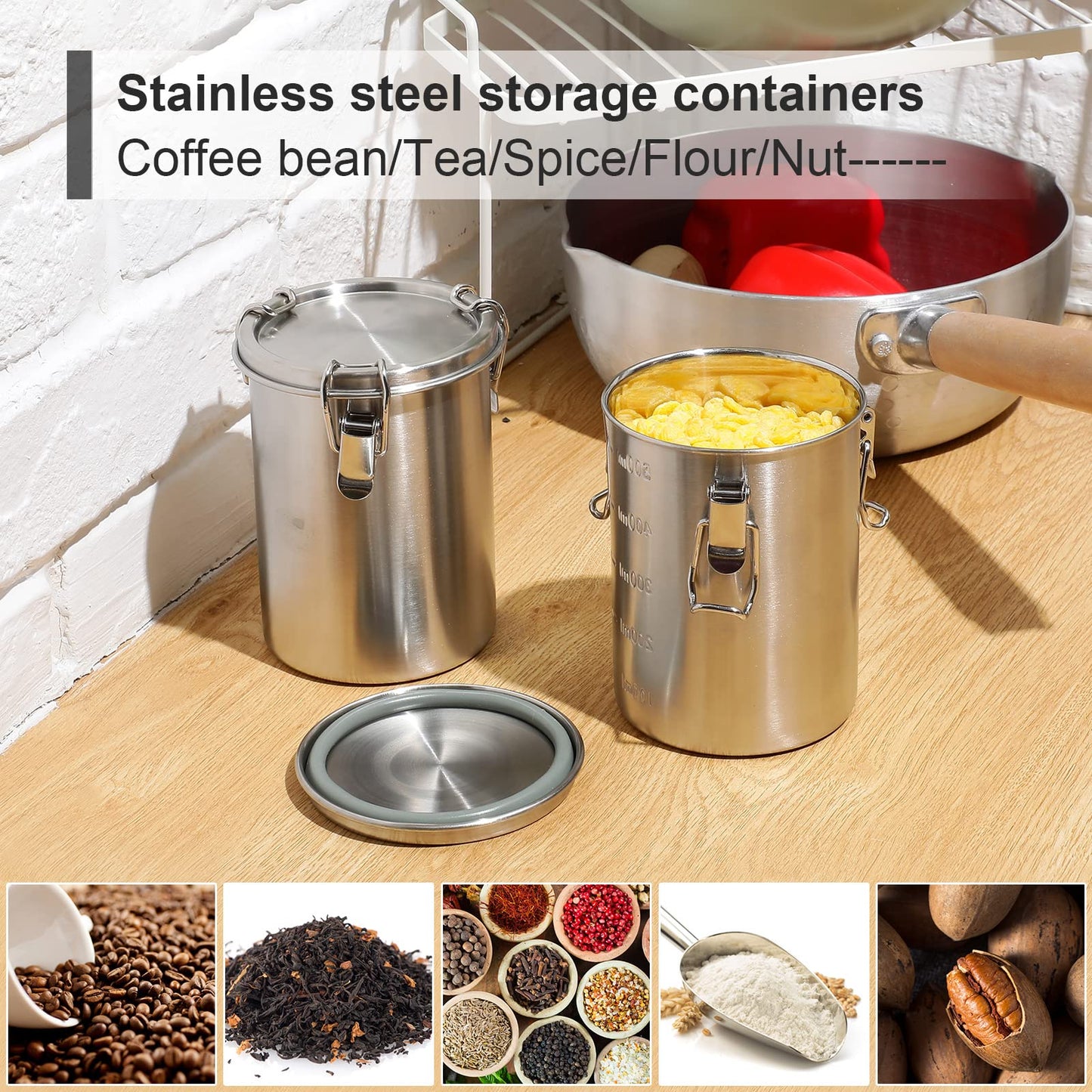 Zopeal 6 Pack Stainless Steel Canisters Set Stainless Steel Airtight Food Storage Containers Metal Containers with Lids Sealed for Tea Coffee Sugar Flour Pantry Baking Kitchen Counter (17.6 oz)