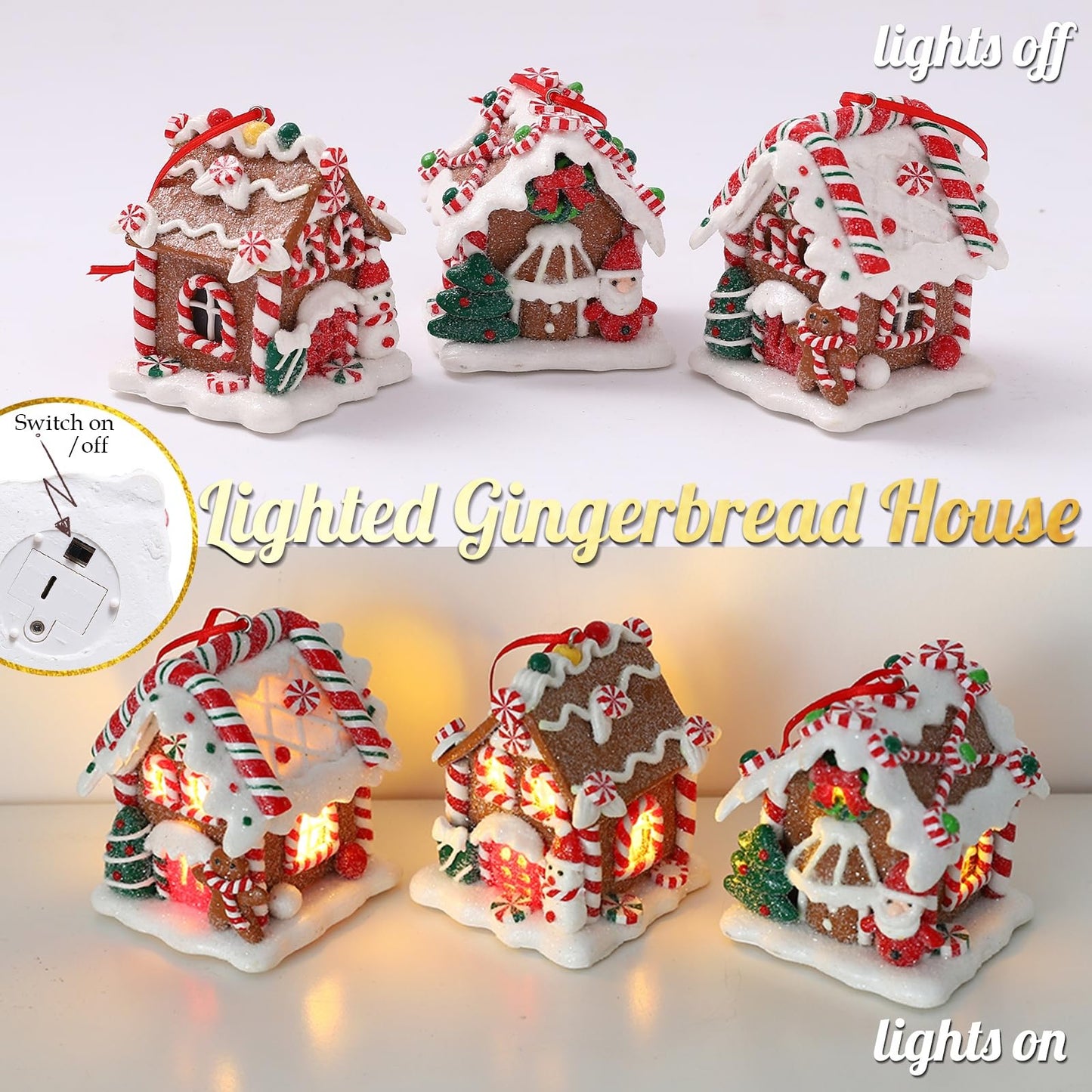 3Pcs Christmas Gingerbread House Hanging Ornaments for Xmas Tree,3D Light-Up Handmade Clay Gingerbread Candy House with Santa Claus Snowman for Christmas Eve New Year Winter Holiday Party Decorations