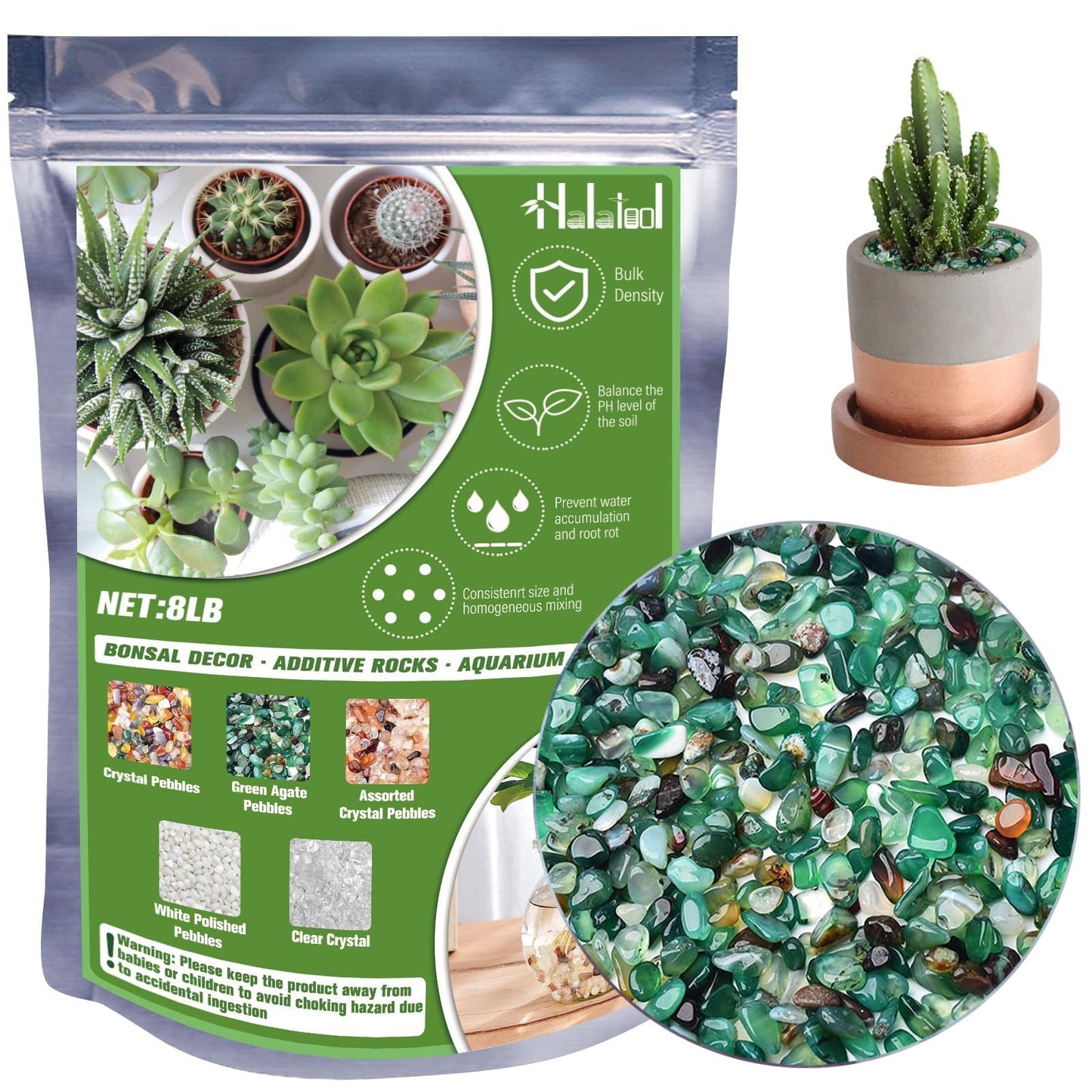 Halatool 8LB Green Agate Stones 0.35"- 0.6" Aquarium Gravel for Fish Tank Natural Landscaping Pebbles Decorative Polished Stones for Plants Home Decor DIY Handmade & Vase Filler