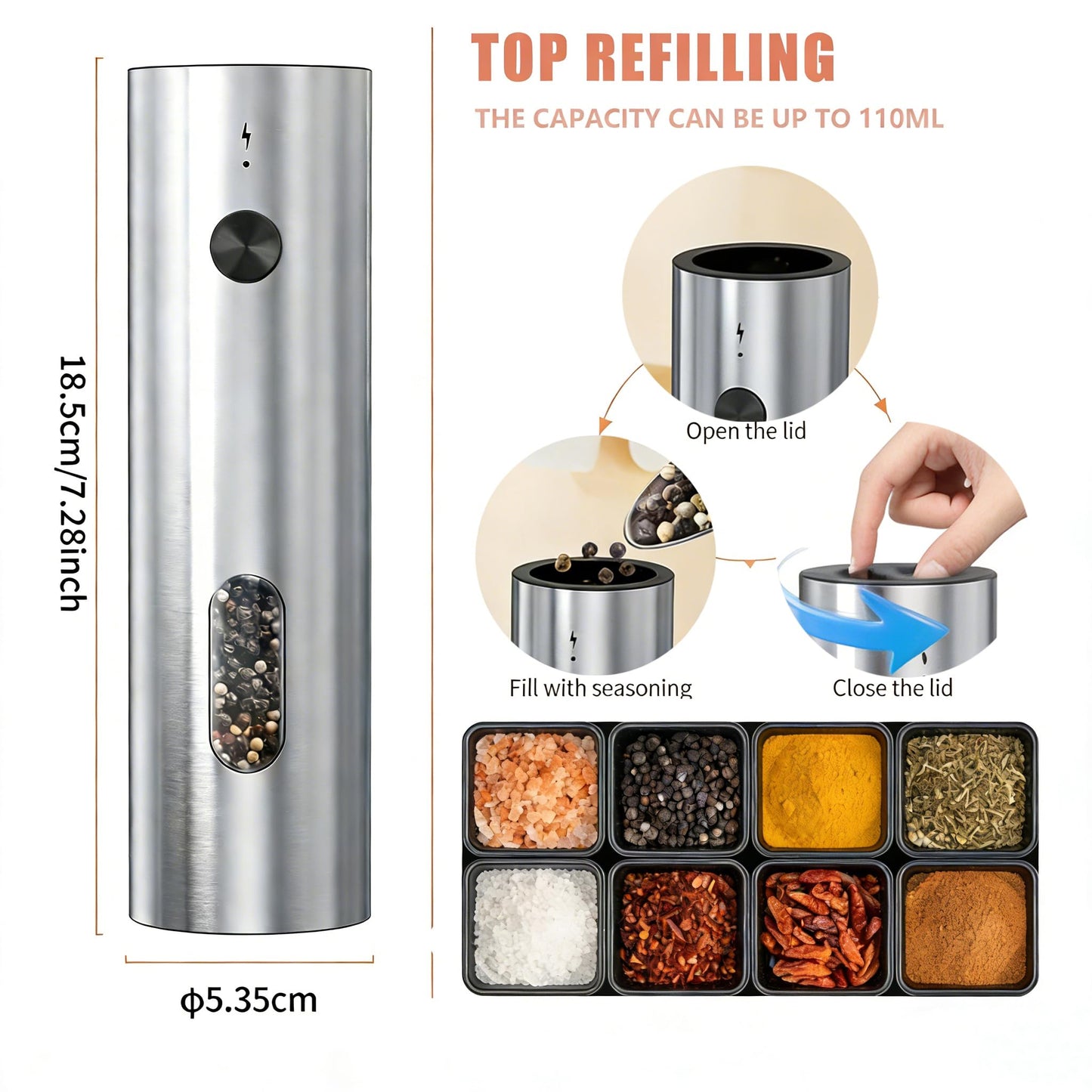 Electric Salt and Pepper Grinder Set, Rechargeable Stainless Steel with USB-C Dual Charging Base, Upgraded Large Capacity, Adjustable Coarseness & Bright LED Light, Kitchen Essentials