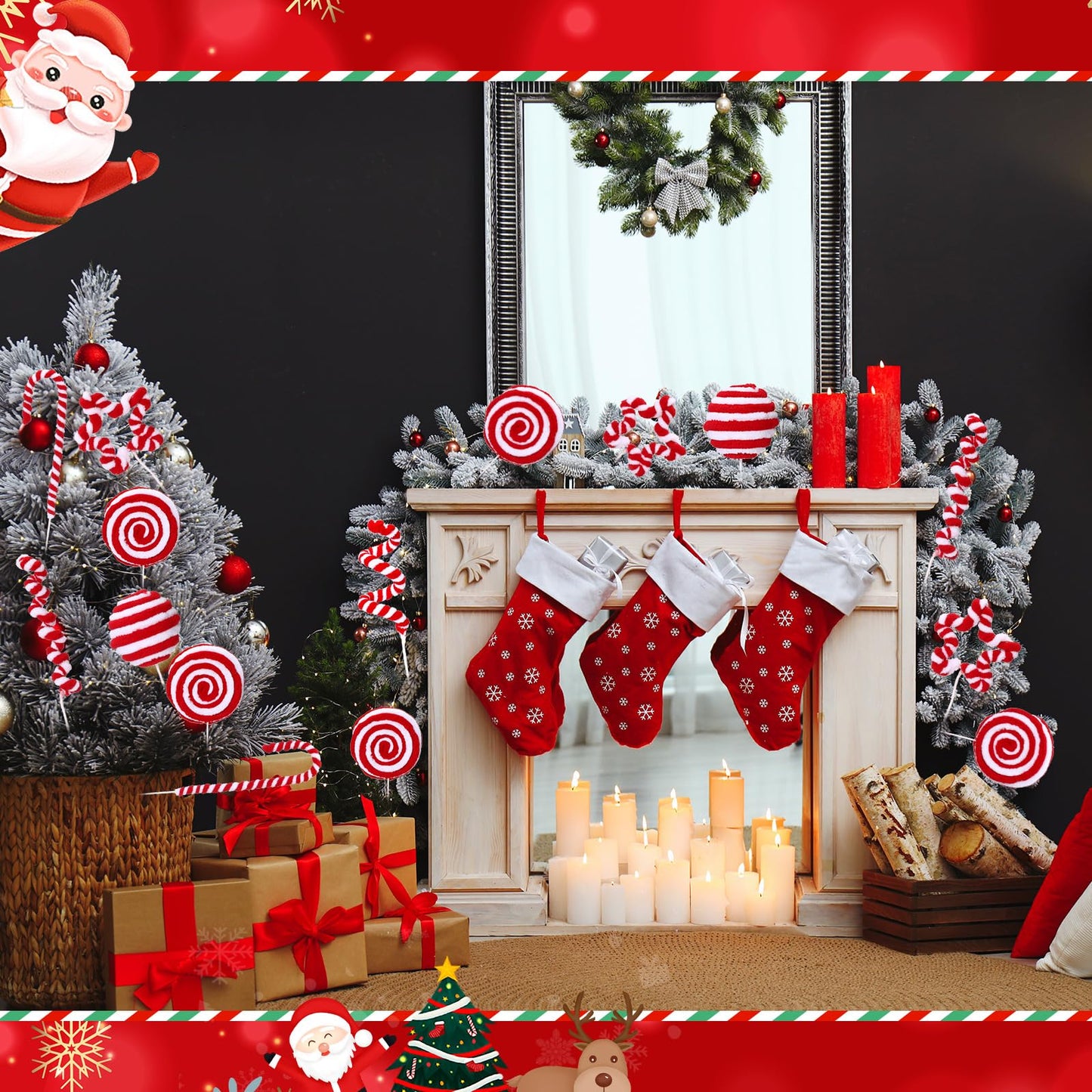 Yerliker 24 Pcs Candy Cane Christmas Tree Decorations, Fluff Christmas Ornaments Peppermint Lollipop Balls Curly Picks for Home Wreath Table Vase Mantel Decor(Red, White,Large)
