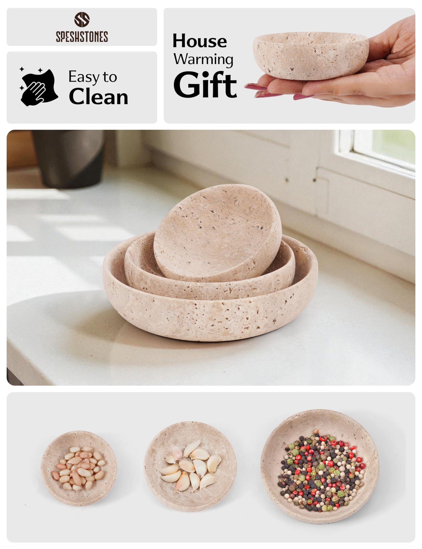SPESHSTONES Marble Dipping Bowls Set of 3 Handmade Travertine Mini Dip Bowl for Soy Sauce, Condiment & Pinch Serving – Small Stone Side Dishes for Prep & Entertaining