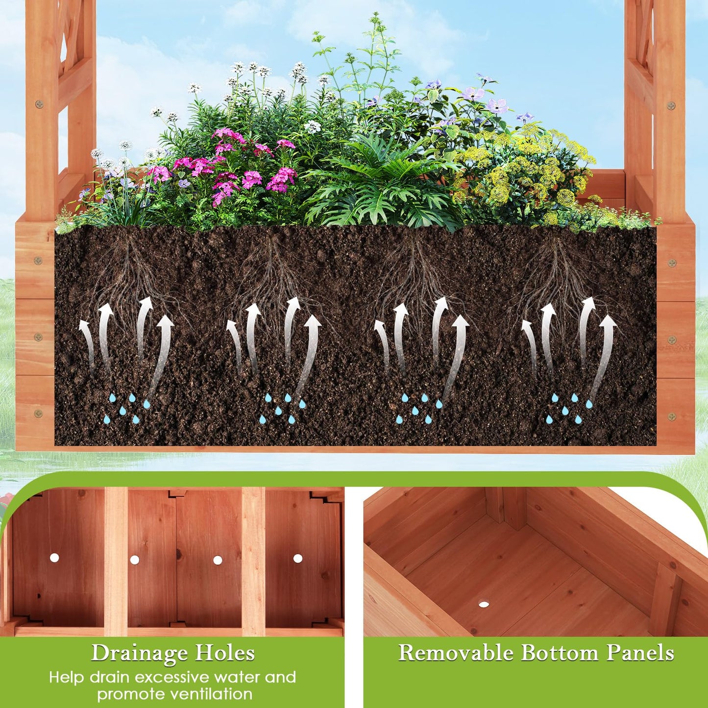 HAPPYGRILL Raised Garden Bed with Trellis, Freestanding Wood Planter Box w/Hanging Roof & 4 Drainage Holes for Vine, Climbing Plants, Flowers, Outdoor Planter with Trellis for Garden, Patio, Yard