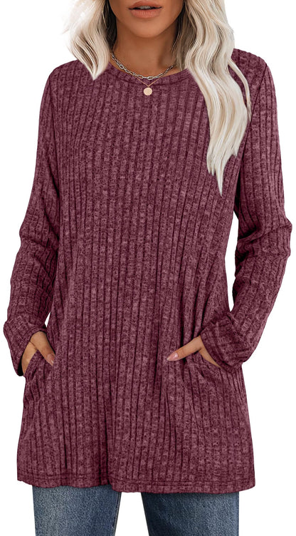 XIEERDUO Long Sleeve Shirts for Women Crewneck Tunic Tops Loose Fit Dressy Womens Sweaters with Pockets Fall Fashion 2025
