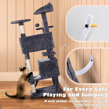 Yaheetech 138.5cm Cat Tree Tower Scratching Posts Multilevel Cat Climbing House with Condos & Ladder Pet Activity Centre for Indoor Kittens, Dark Grey