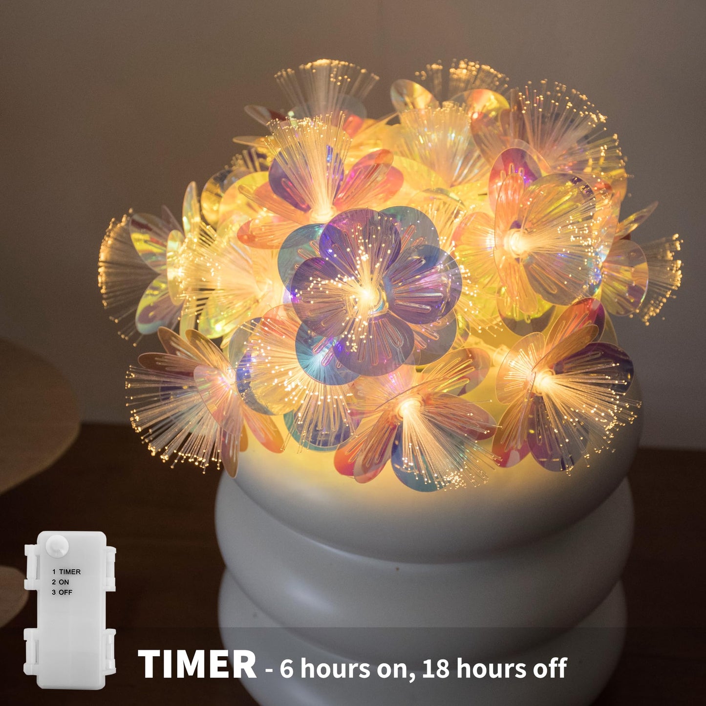 YOLIGHT Fiber Optic Flower String Lights Battery Operated with Timer, 6.5ft 10 LED Flower Garland Lights Fairy Lights for Room Table Wedding Christmas Easter Décor (Warm White)
