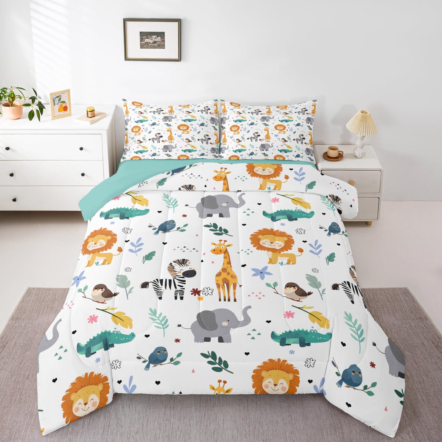 Erosebridal Queen Size Zoo Animal Comforter Set, Giraffe Lion Elephant Bedding Set, Cute Wild Animals Down Comforter for Kids Teens Boys Girls Bedroom, Cartoon Safari Wildlife Quilt,Lightweight