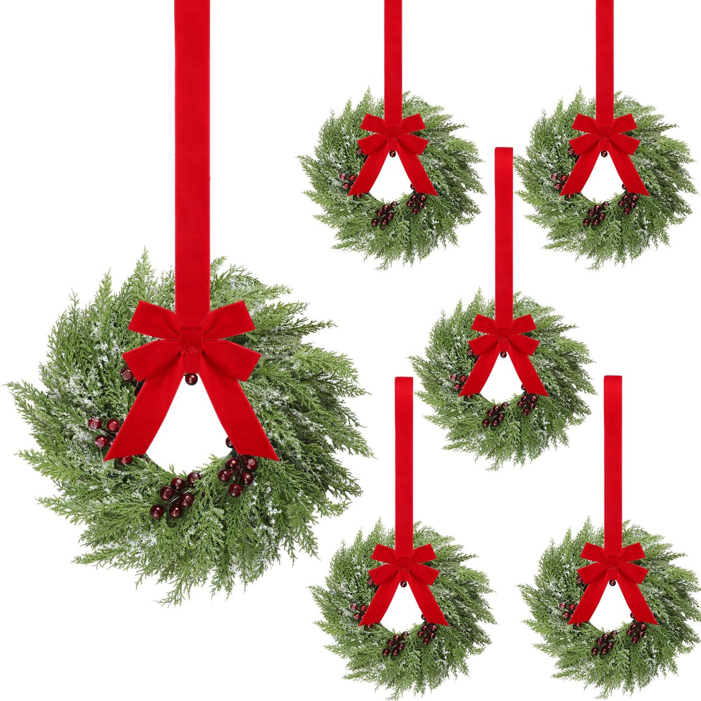 12 Pcs Small Christmas Norfolk Wreaths 15 Inch Christmas Kitchen Cabinet Mini Wreath with Bow Ribbon Cedar Berry for Xmas Front Door Window Chair Fireplace Table Pillar Farmhouse