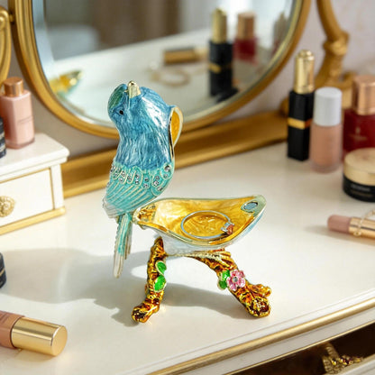 YU FENG Enamel Bird Trinket Box Jewelry Organizer, Hand Painted Decorative Hinged Keepsake Box – Blue Green Perched Bird
