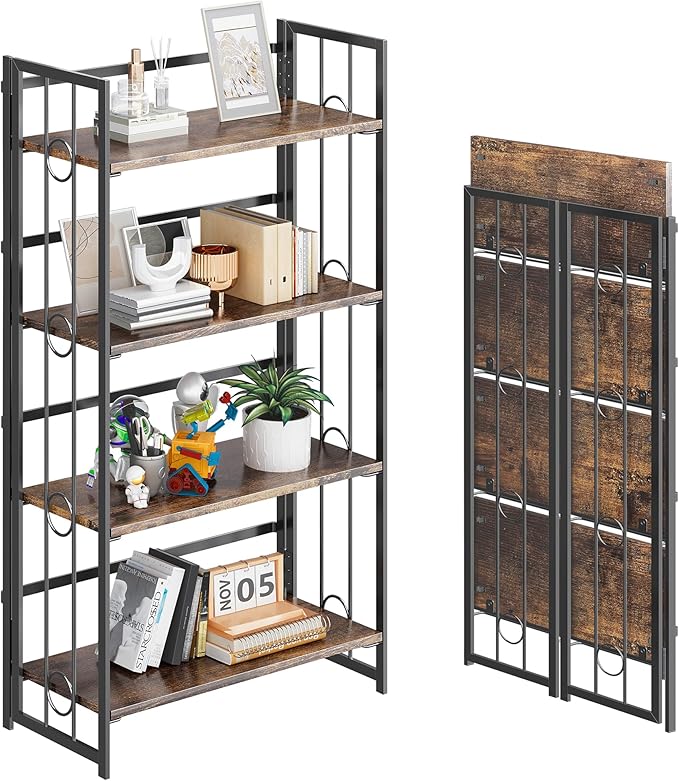 4NM No Assembly 4 Tiers Folding Bookshelf, 47.2" H Foldable Storage Shelves