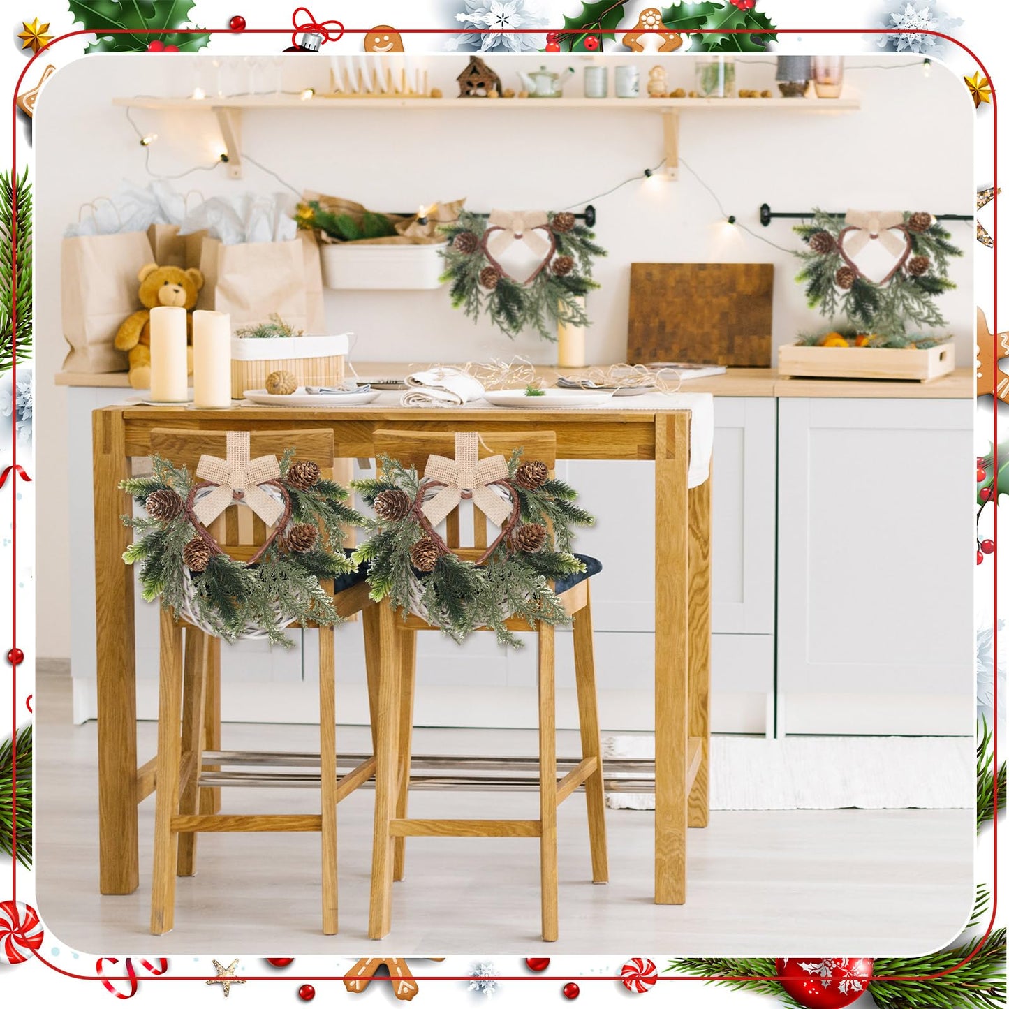 Dingion 6 Pcs 6" Christmas Mini Cabinet Cedar Wreaths for Kitchen with Ribbon Bows Artificial Cedar and Pine Cone Small Window Wreath for Window Door Farmhouse Christmas Party Decorations