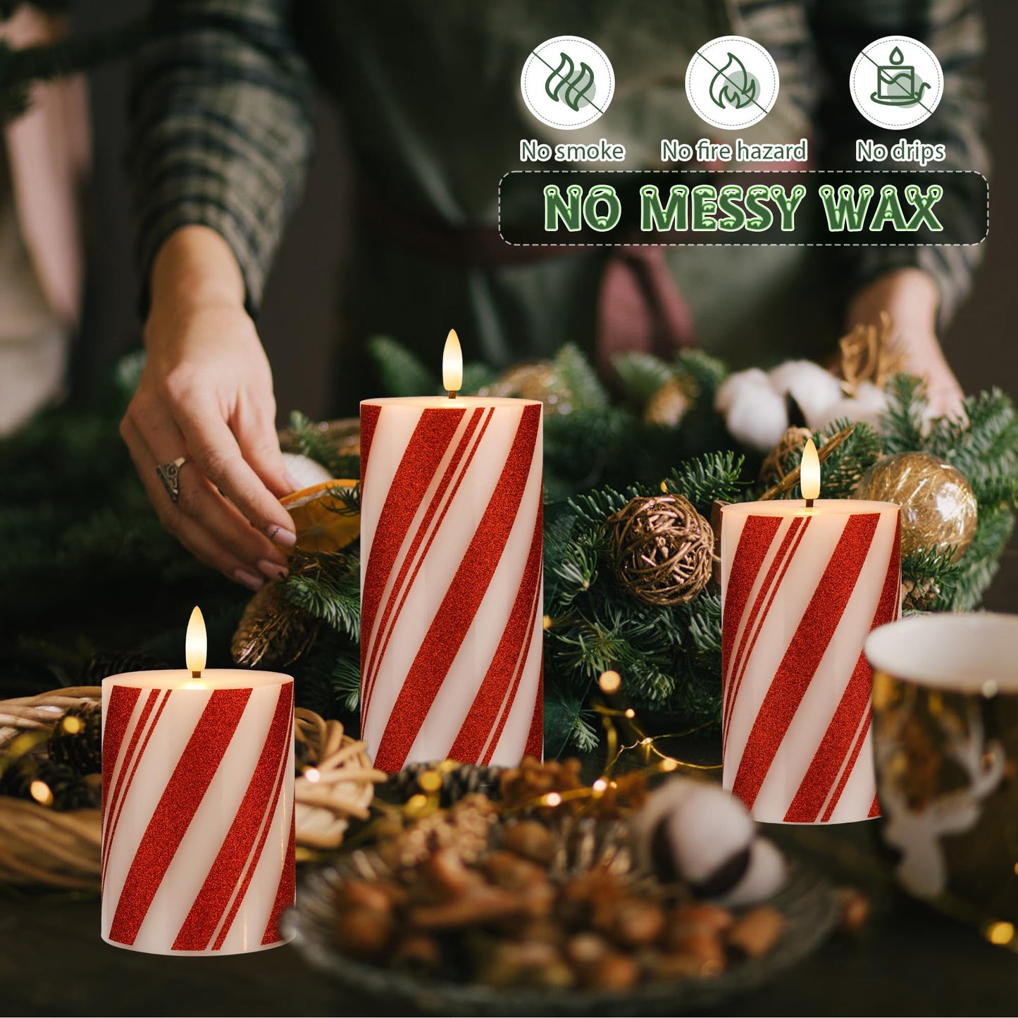 AFINETH Flameless Pillar Candles with Remote, Battery Operated Red Candy Cane Candles Real Wax, Flat Top Flickering Christmas LED Candle Decorations for Xmas, Home, Party Decor, Set of 3