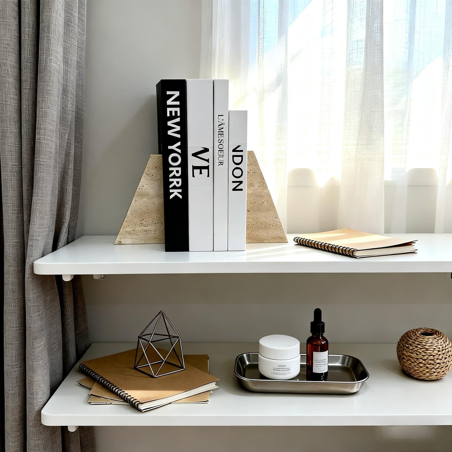 1 Piece Modern Travertine Bookend, Trapezoidal Design, Natural Stone Book Holders for Desk and Shelf (Trapezoidal - 1 piece)