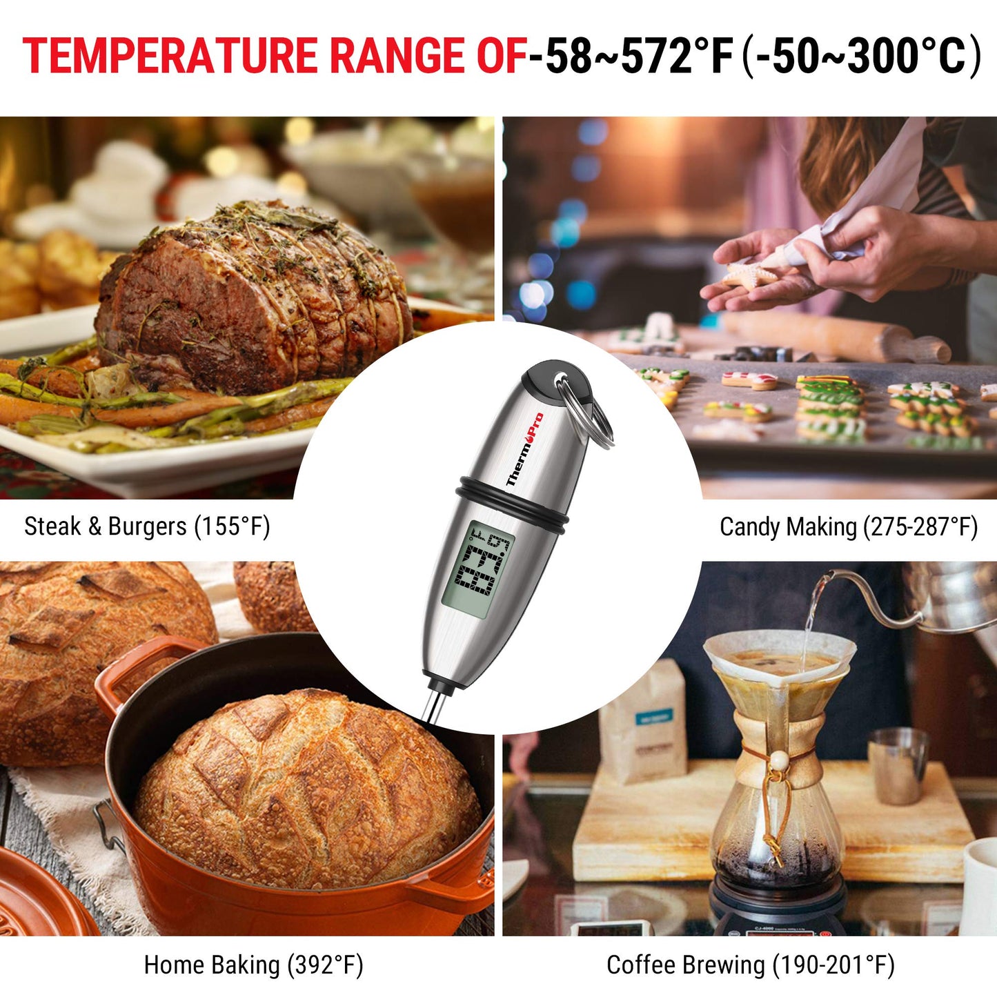 ThermoPro TP02S Digital Food Thermometer for Cooking Bread Baking Sourdough Liquids, Meat Thermometer Digital with Super Long Probe for Grill Candy Kitchen BBQ Oil Milk Yogurt Water Temperature
